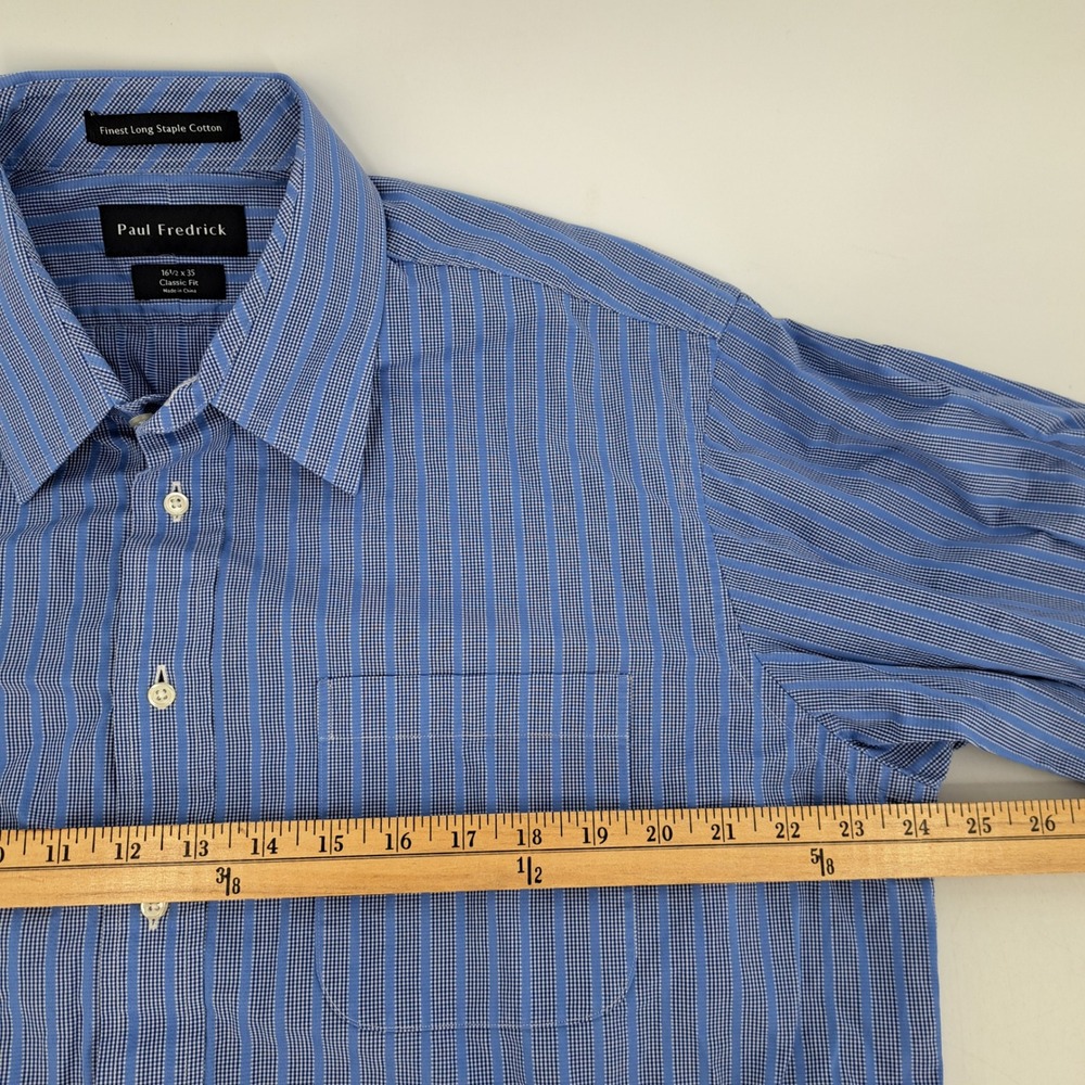 Paul Fredrick Classic Fit Dress Shirt Mens 16.5 x 35 Cotton Blue Striped Check - Picture 6 of 9